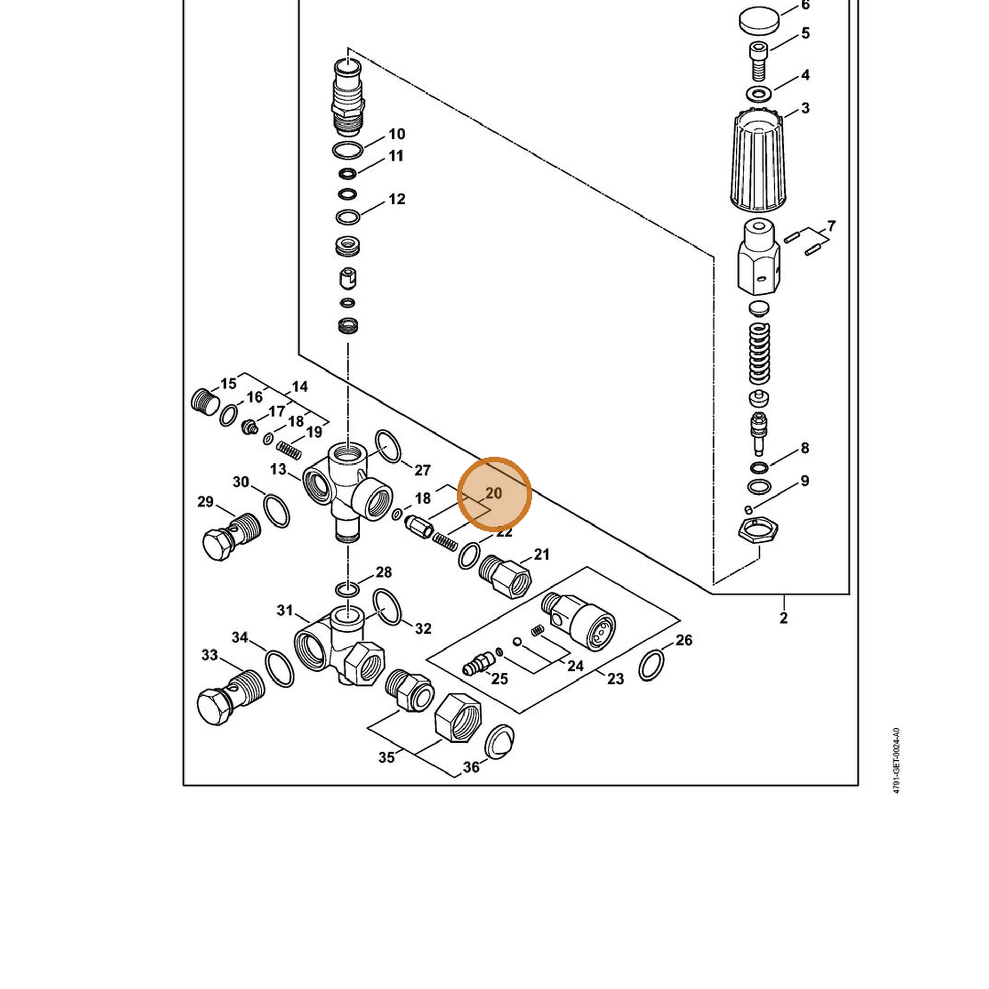 STIHL part 4791-510-0200 — IPL diagram snippet (6x zoom, amber highlight)