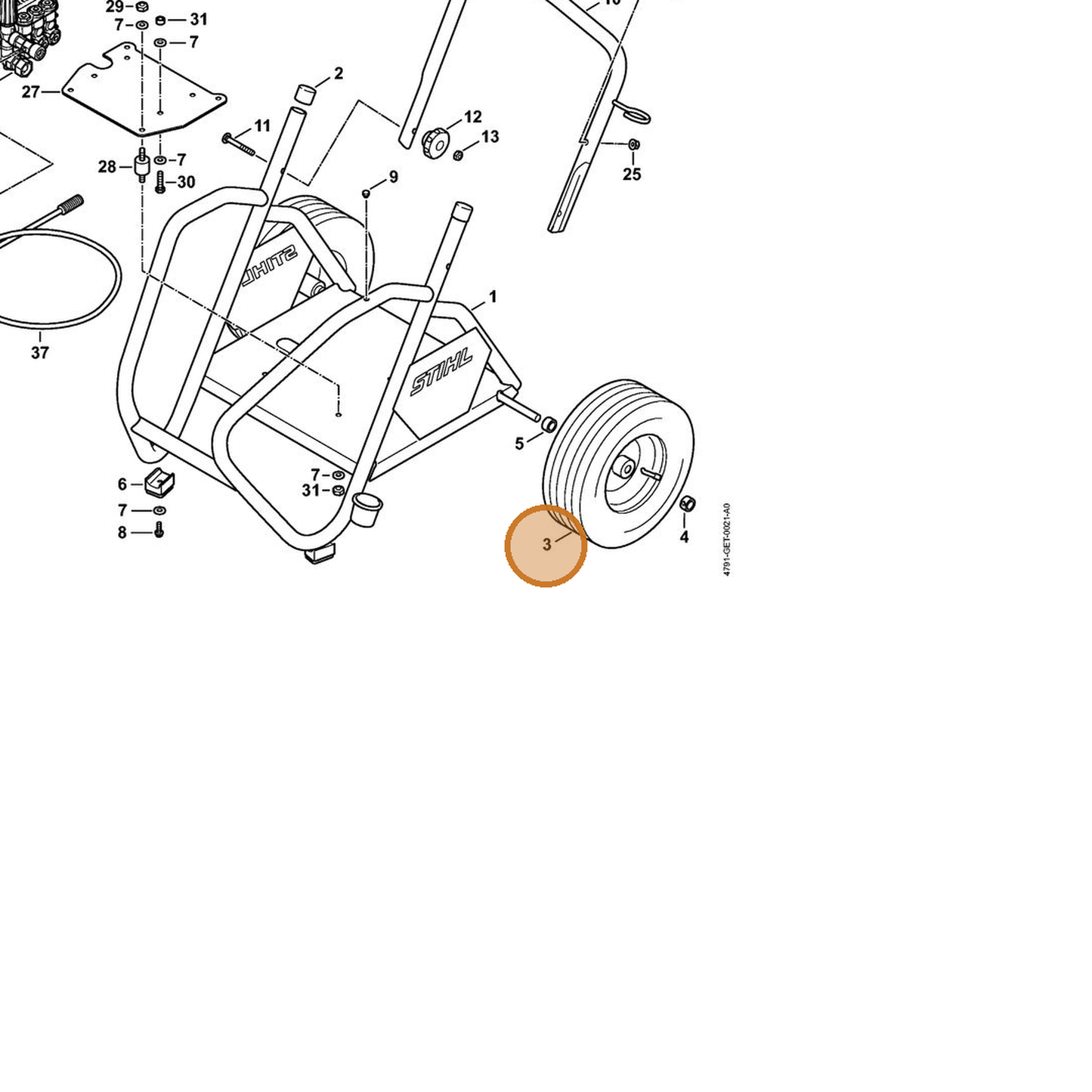 STIHL part 4791-791-3600 — IPL diagram snippet (6x zoom, amber highlight)