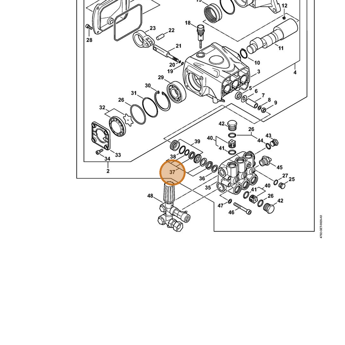 STIHL part 4792-007-1001 — IPL diagram snippet (6x zoom, amber highlight)