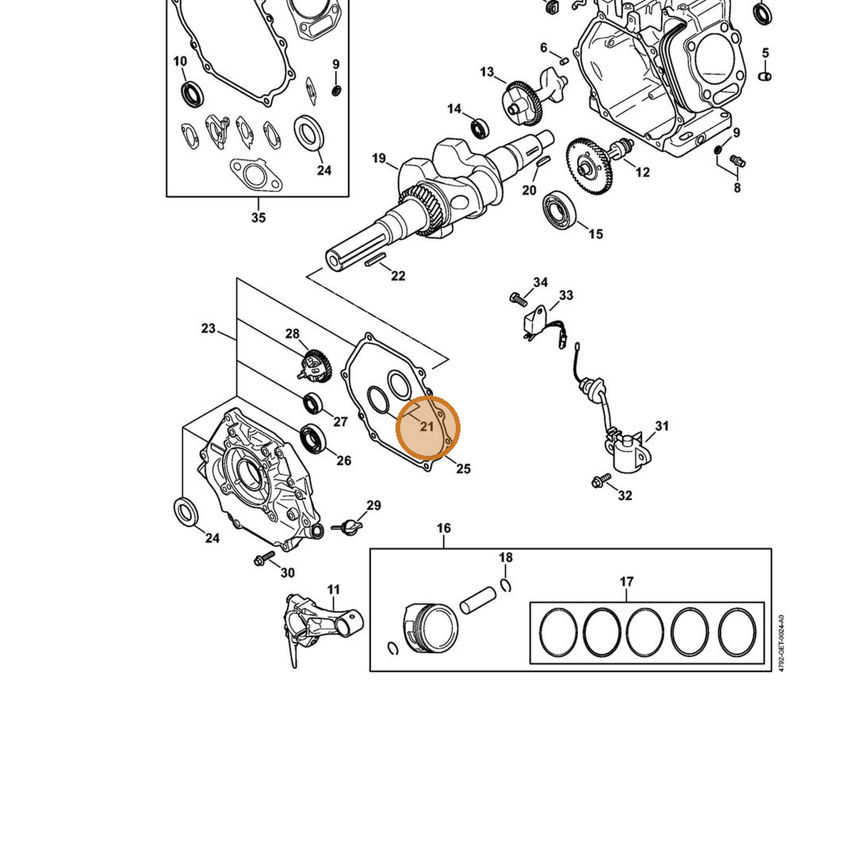 STIHL part 4792-036-0302 — IPL diagram snippet (6x zoom, amber highlight)