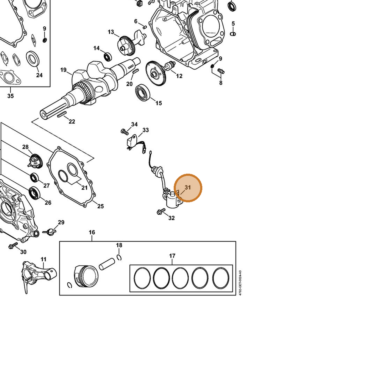 STIHL part 4792-435-0300 — IPL diagram snippet (6x zoom, amber highlight)