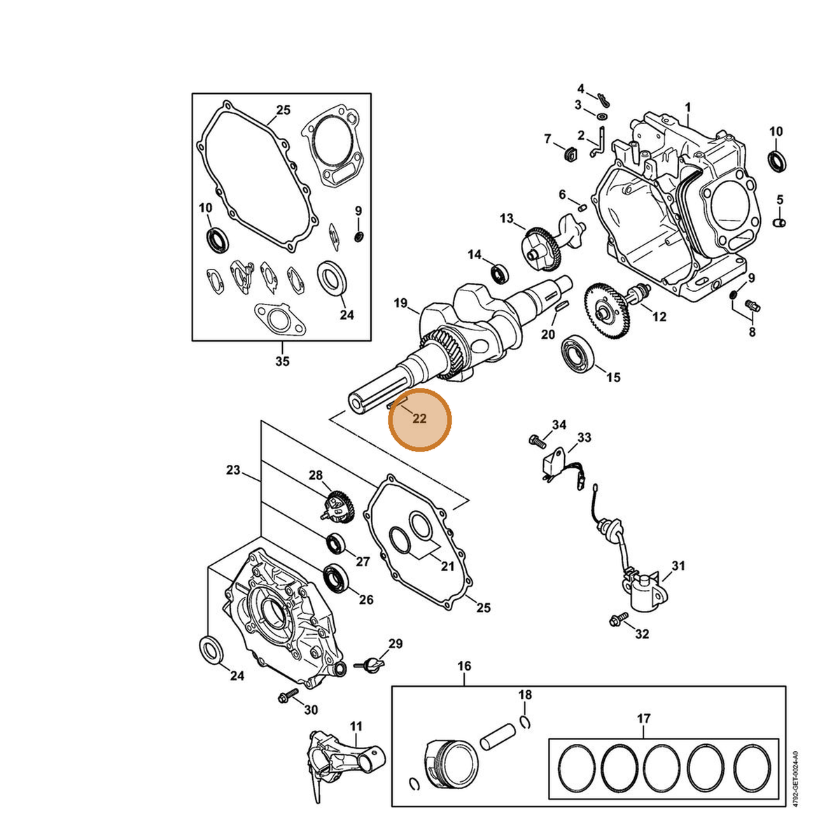 STIHL part 4792-995-0100 — IPL diagram snippet (6x zoom, amber highlight)