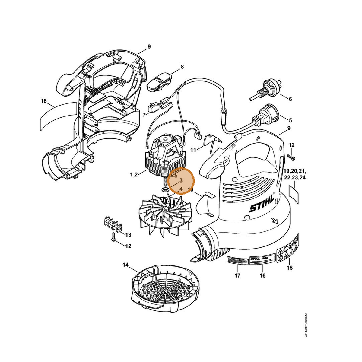 STIHL part 4811-708-3001 — IPL diagram snippet (6x zoom, amber highlight)