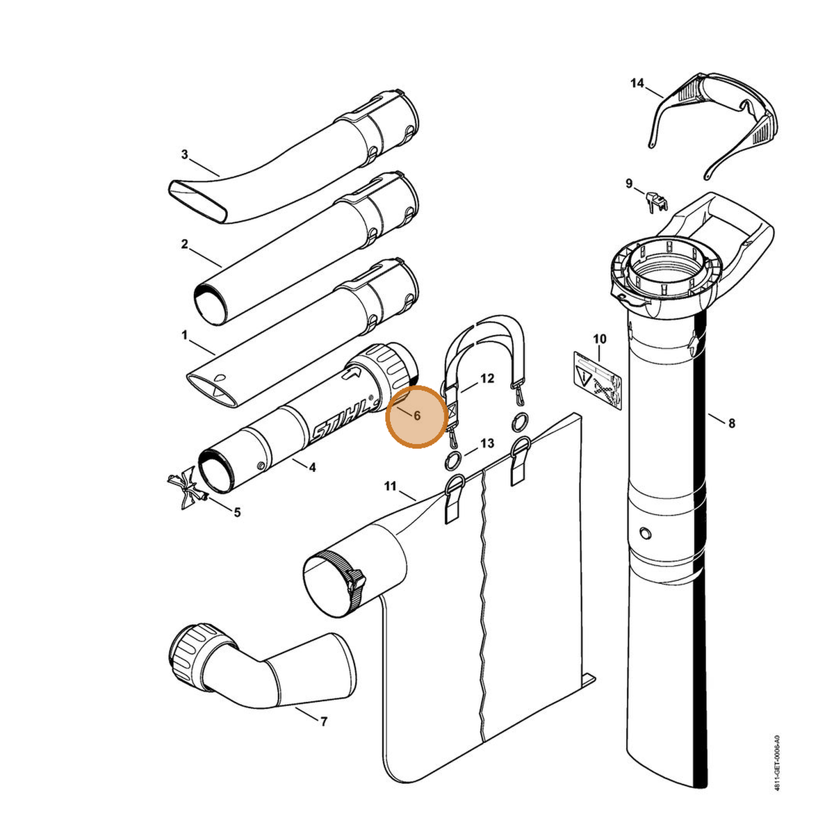 STIHL part 4811-708-3101 — IPL diagram snippet (6x zoom, amber highlight)