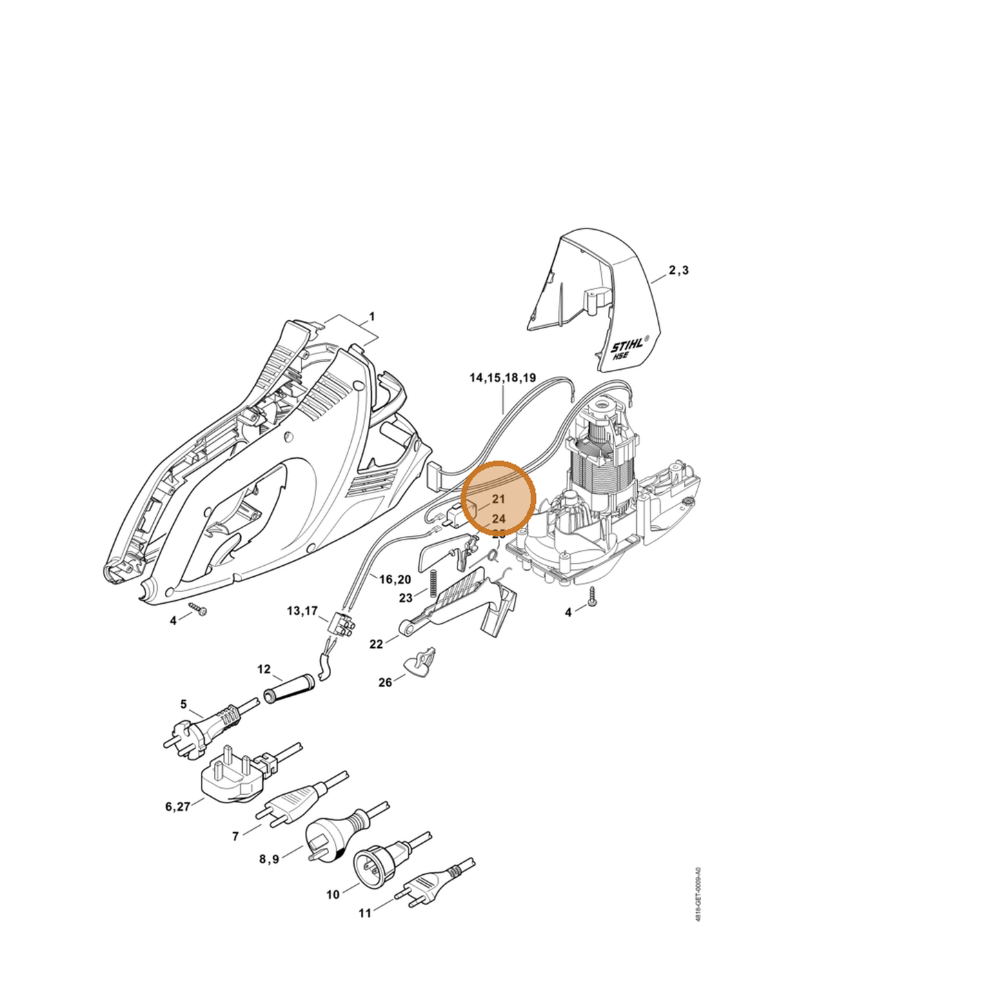 STIHL part 4818-435-0300 — IPL diagram snippet (6x zoom, amber highlight)