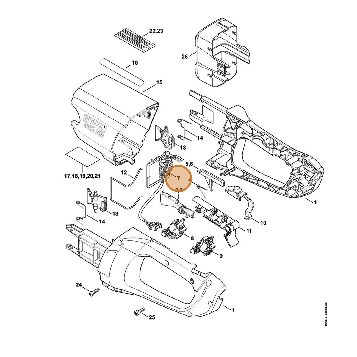 STIHL part 4853-440-3000 — IPL diagram snippet (6x zoom, amber highlight)