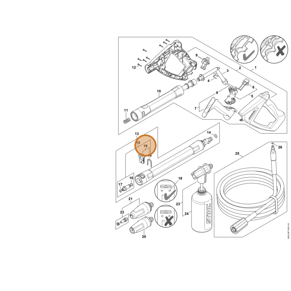 STIHL part 4930-530-0100 — IPL diagram snippet (6x zoom, amber highlight)