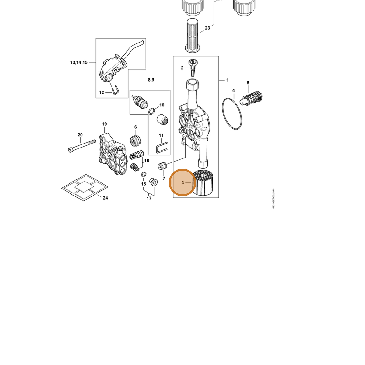 STIHL part 4951-609-0201 — IPL diagram snippet (6x zoom, amber highlight)