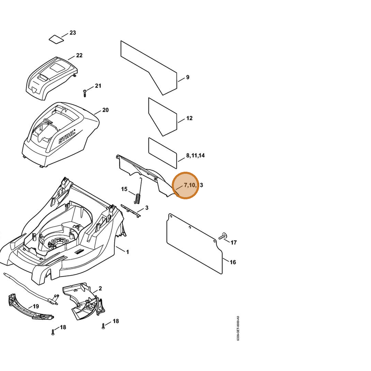 STIHL part 6338-700-2730 — IPL diagram snippet (6x zoom, amber highlight)