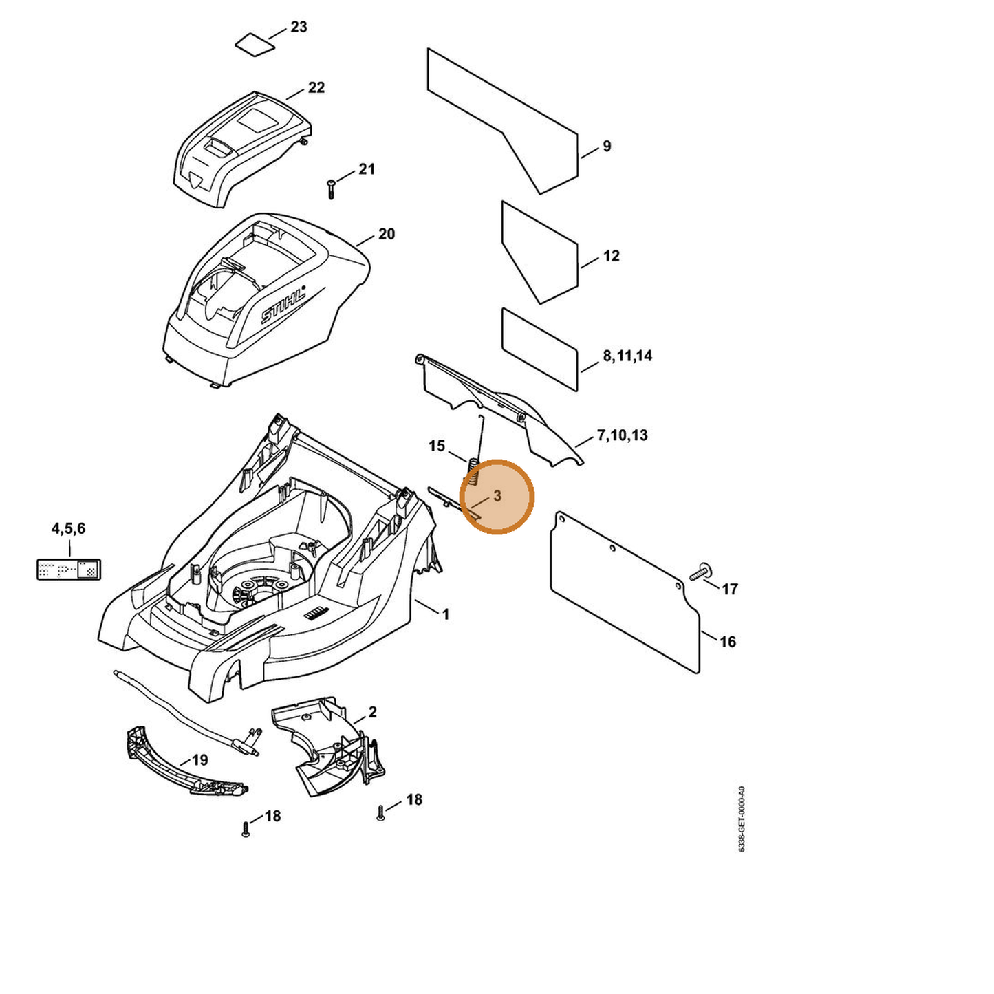 STIHL part 6338-706-0730 — IPL diagram snippet (6x zoom, amber highlight)