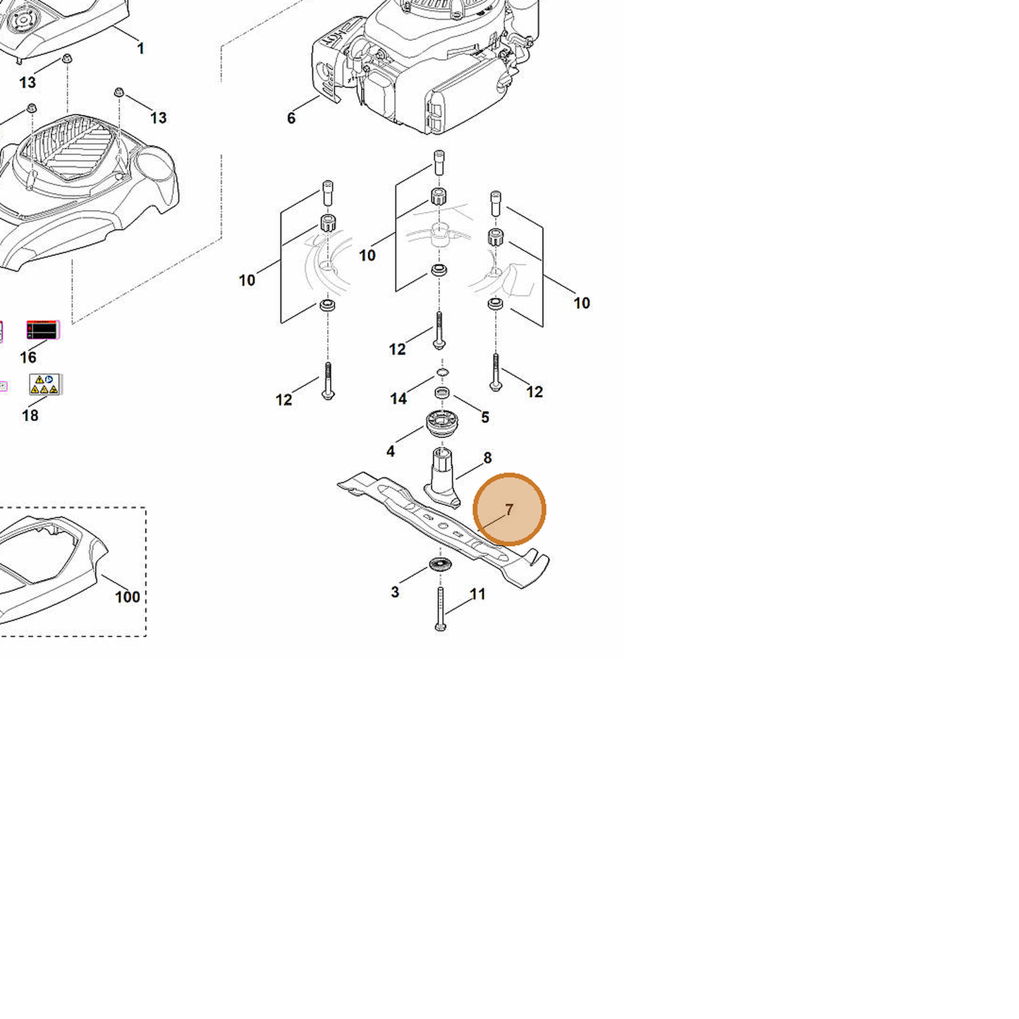 STIHL part 6374-702-0100 — IPL diagram snippet (6x zoom, amber highlight)