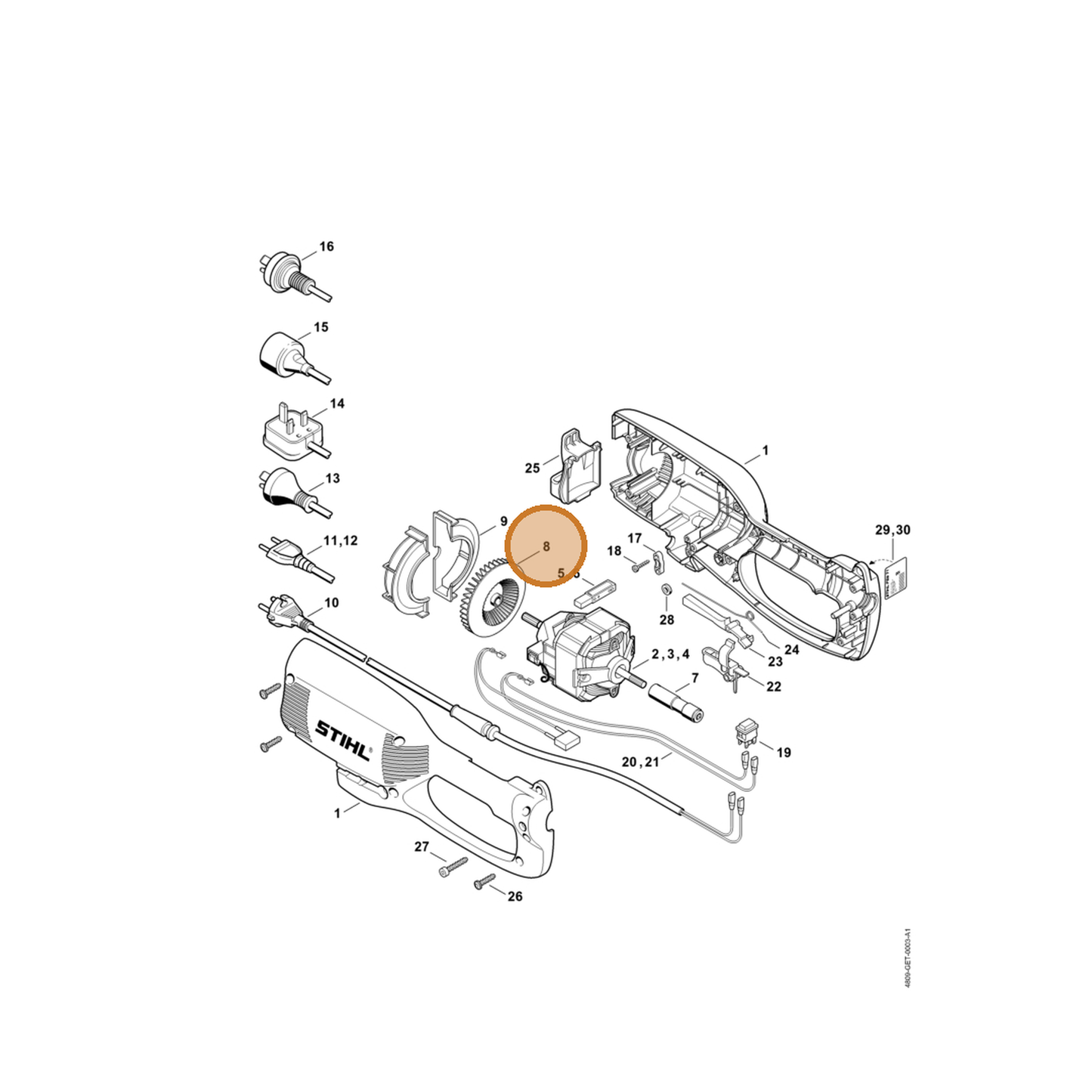 STIHL part 6440-607-3005 — IPL diagram snippet (6x zoom, amber highlight)