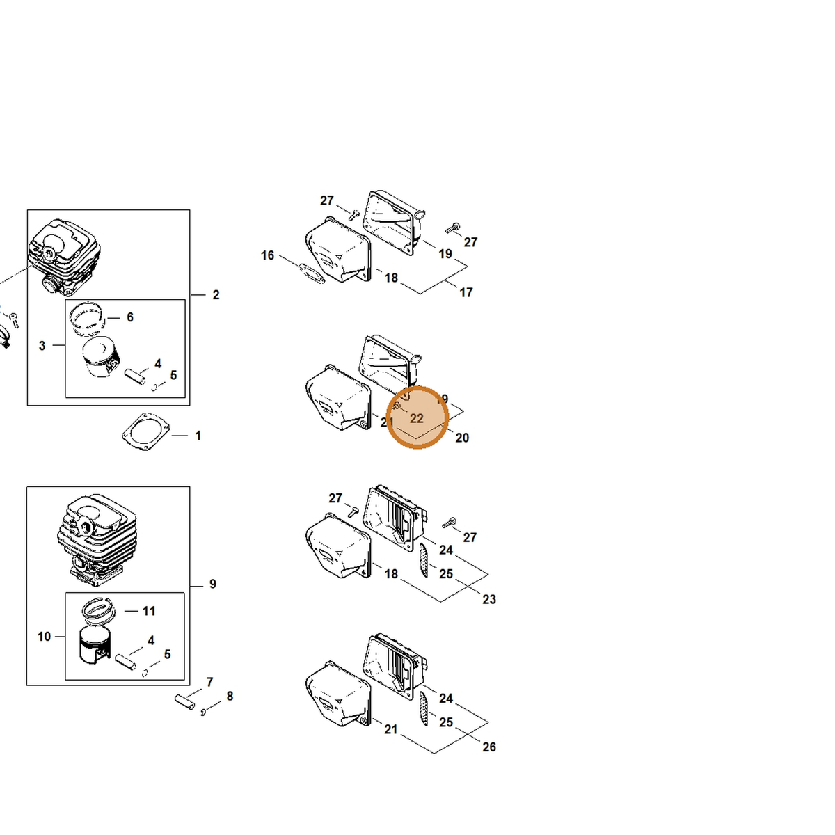 STIHL part 9022-341-0910 — IPL diagram snippet (6x zoom, amber highlight)