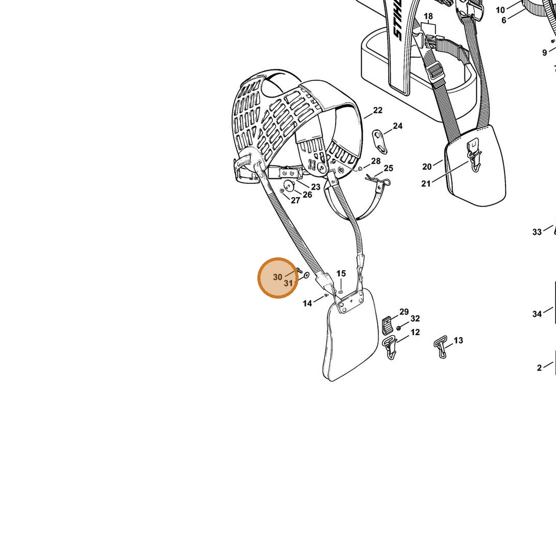 STIHL part 9022-341-0975 — IPL diagram snippet (6x zoom, amber highlight)