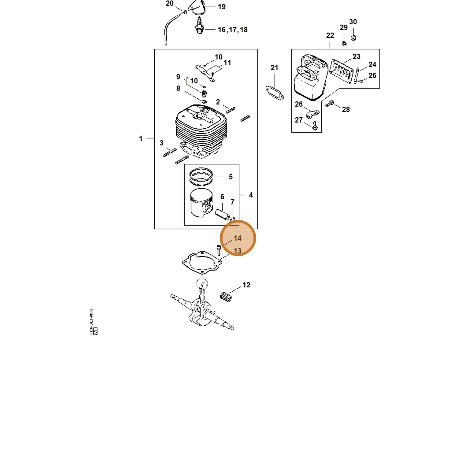 STIHL part 9036-341-1350 — IPL diagram snippet (6x zoom, amber highlight)