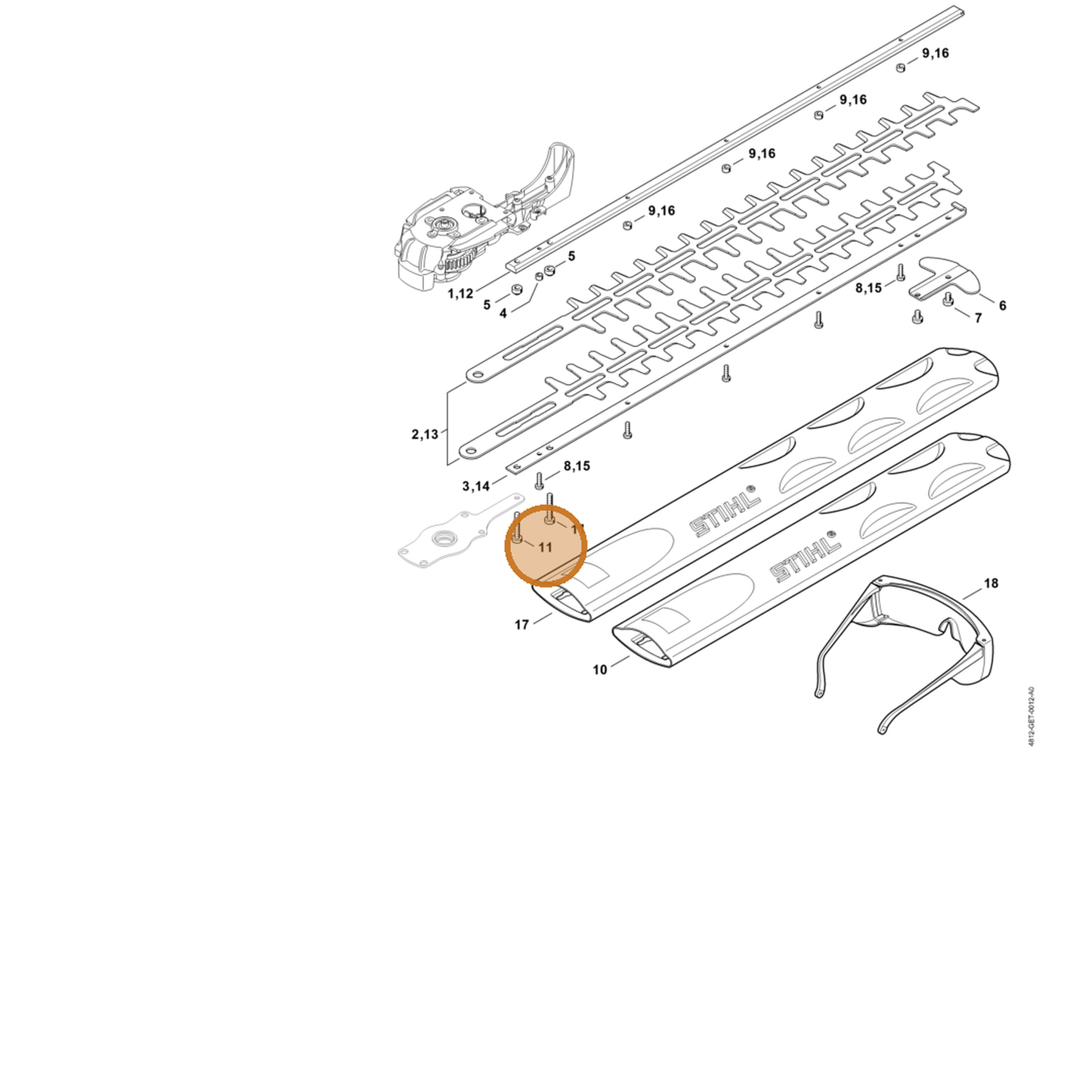 STIHL part 9039-488-0991 — IPL diagram snippet (6x zoom, amber highlight)