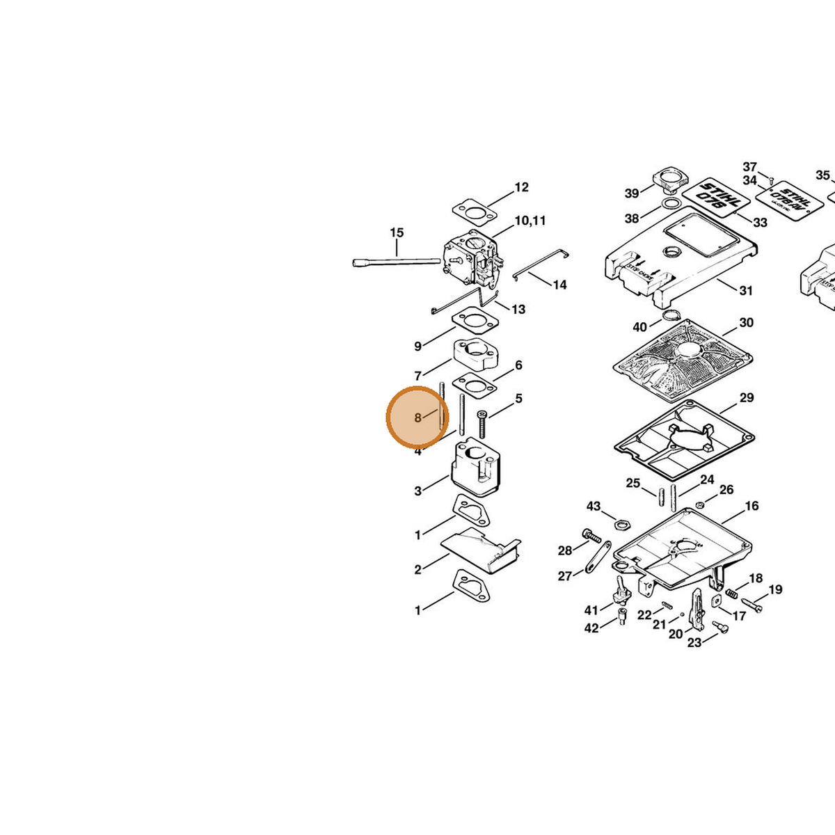 STIHL part 9123-319-1210 — IPL diagram snippet (6x zoom, amber highlight)