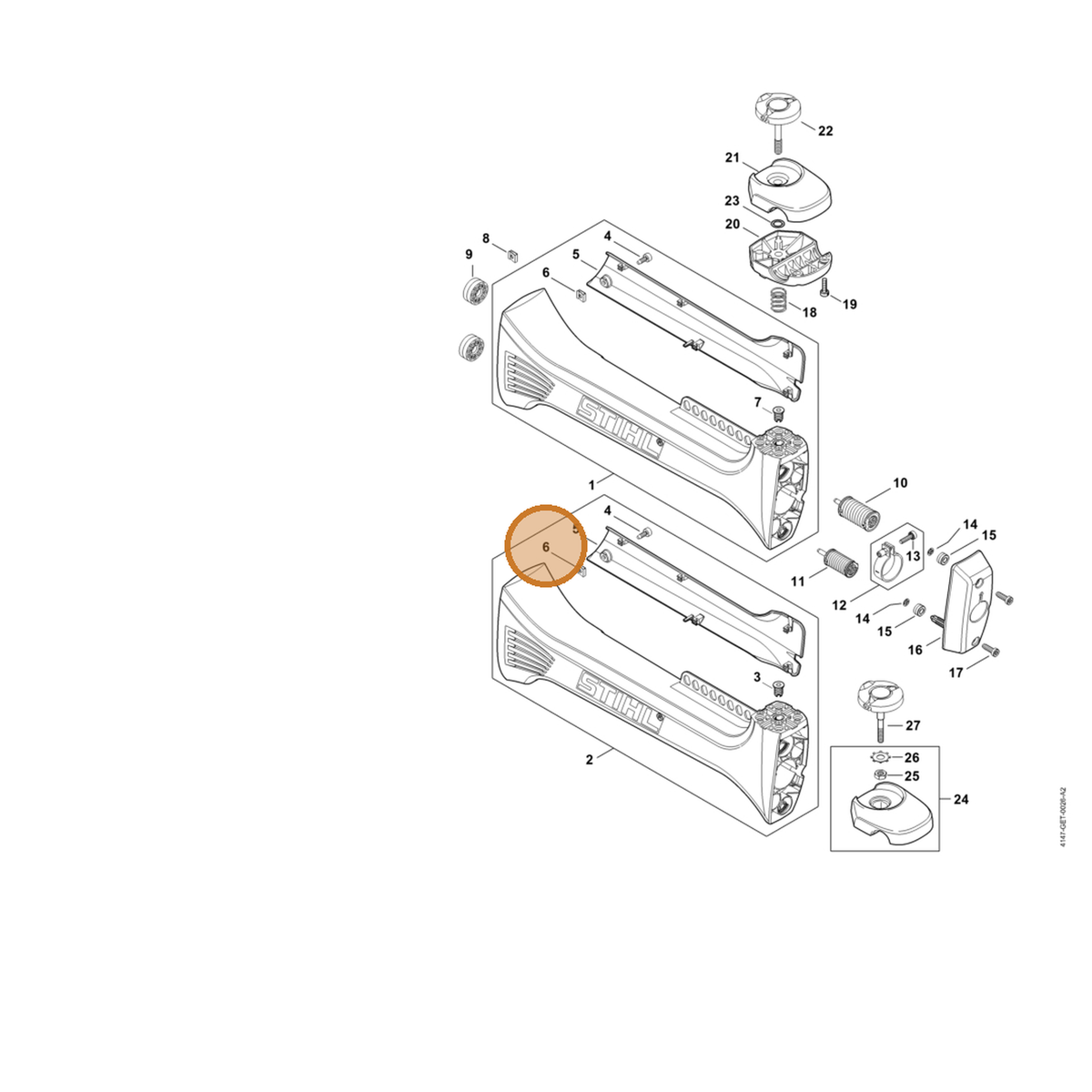 STIHL part 9286-620-9821 — IPL diagram snippet (6x zoom, amber highlight)