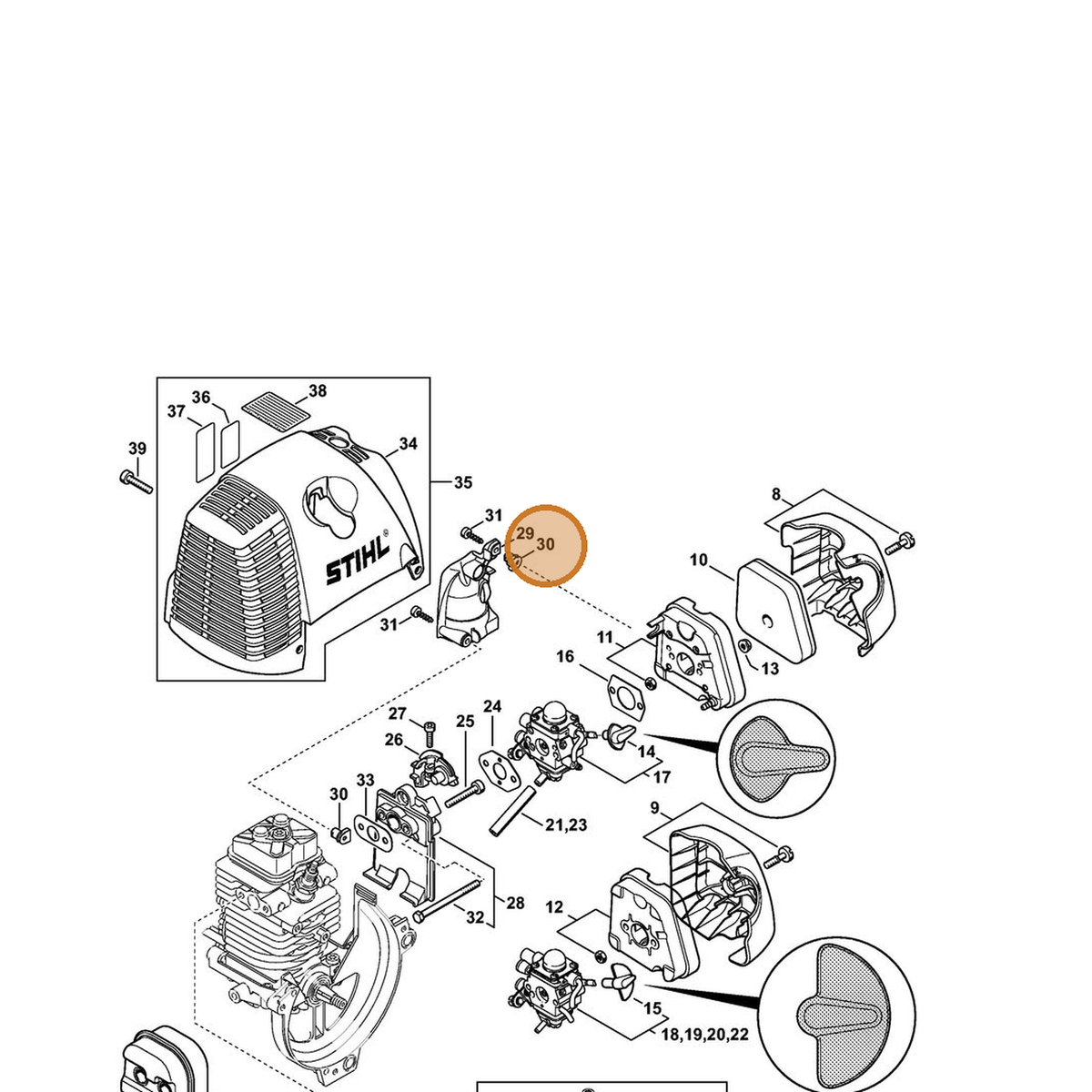 STIHL part 9286-929-0030 — IPL diagram snippet (6x zoom, amber highlight)
