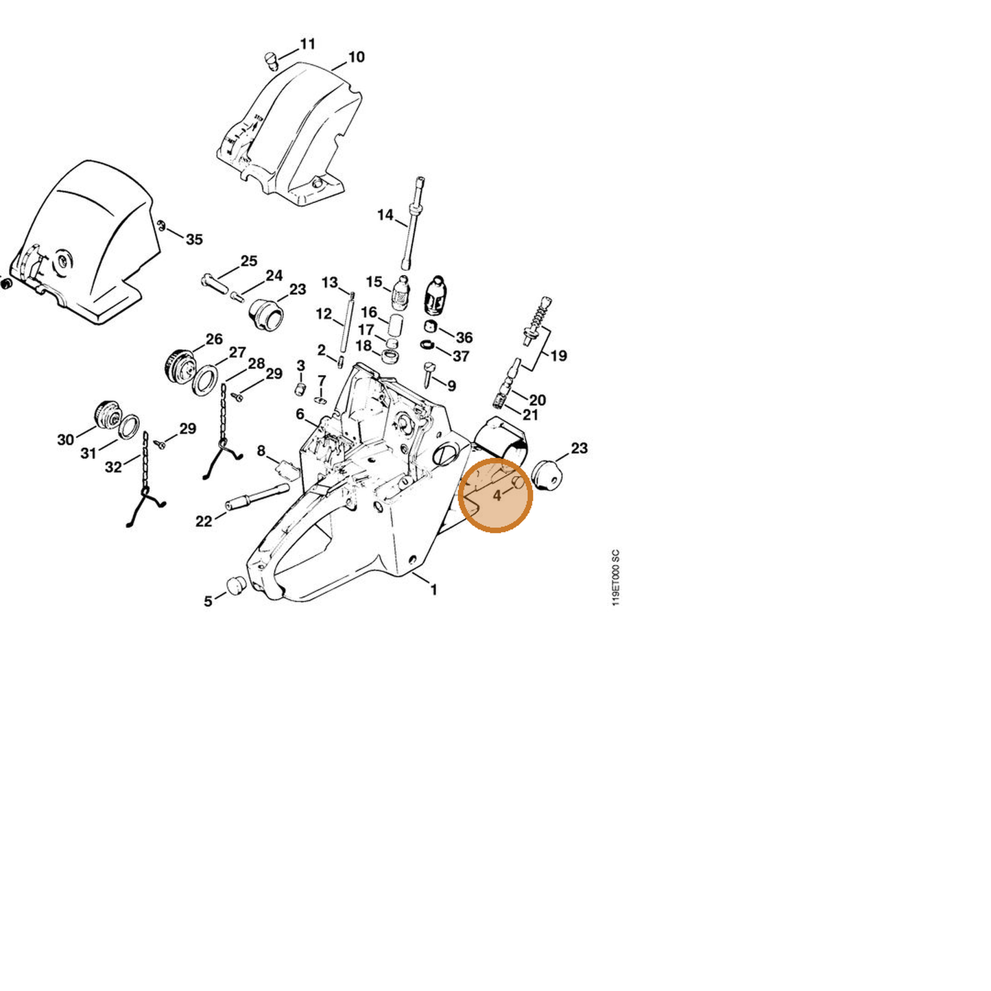 STIHL part 9302-929-0400 — IPL diagram snippet (6x zoom, amber highlight)