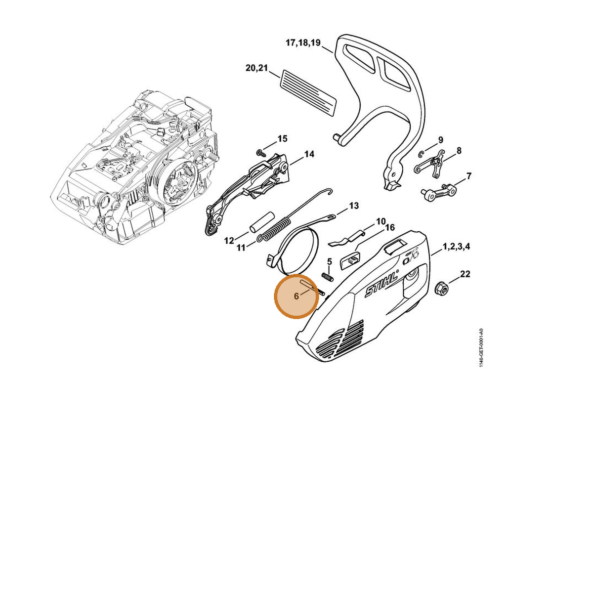 STIHL part 9378-543-2190 — IPL diagram snippet (6x zoom, amber highlight)