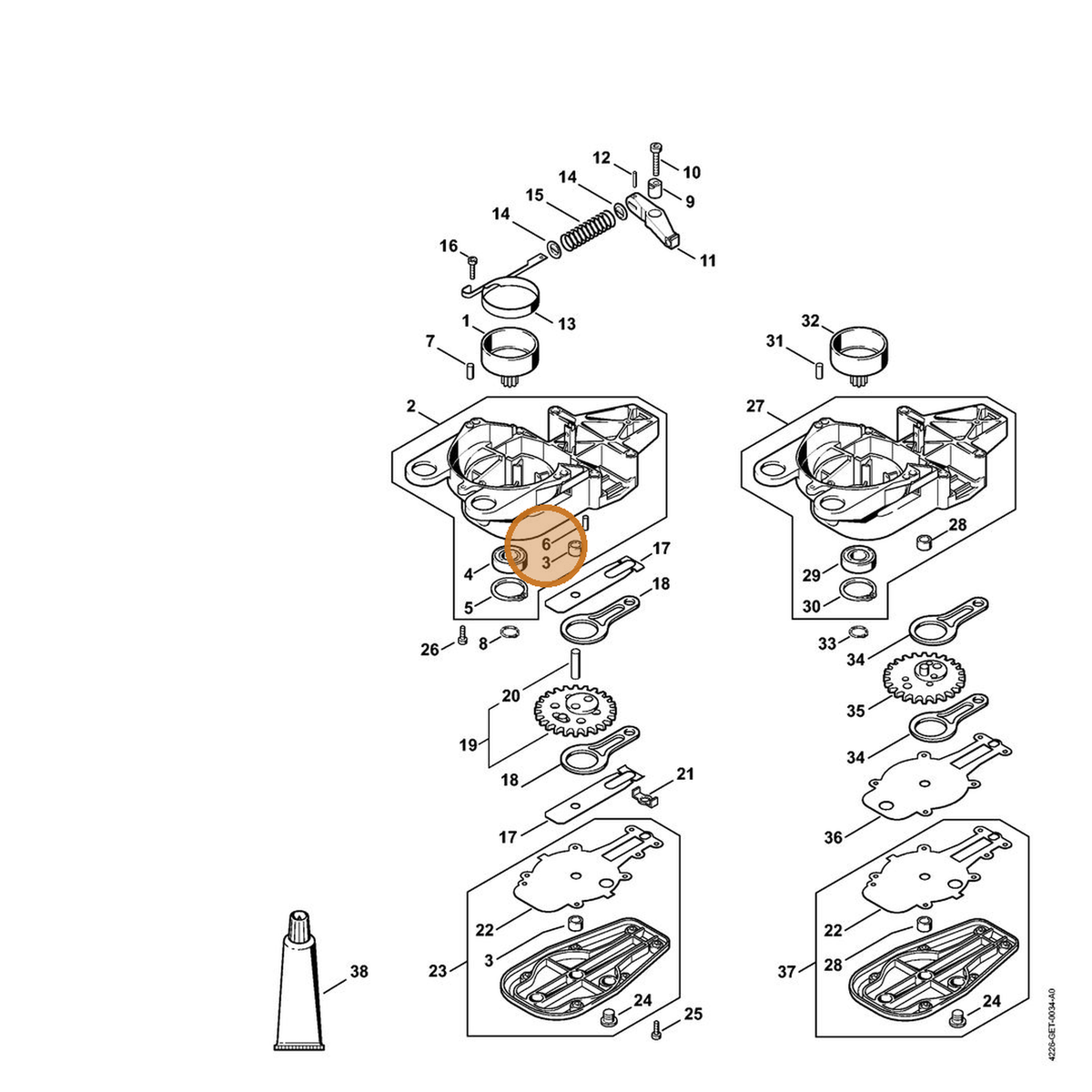 STIHL part 9381-003-2070 — IPL diagram snippet (6x zoom, amber highlight)