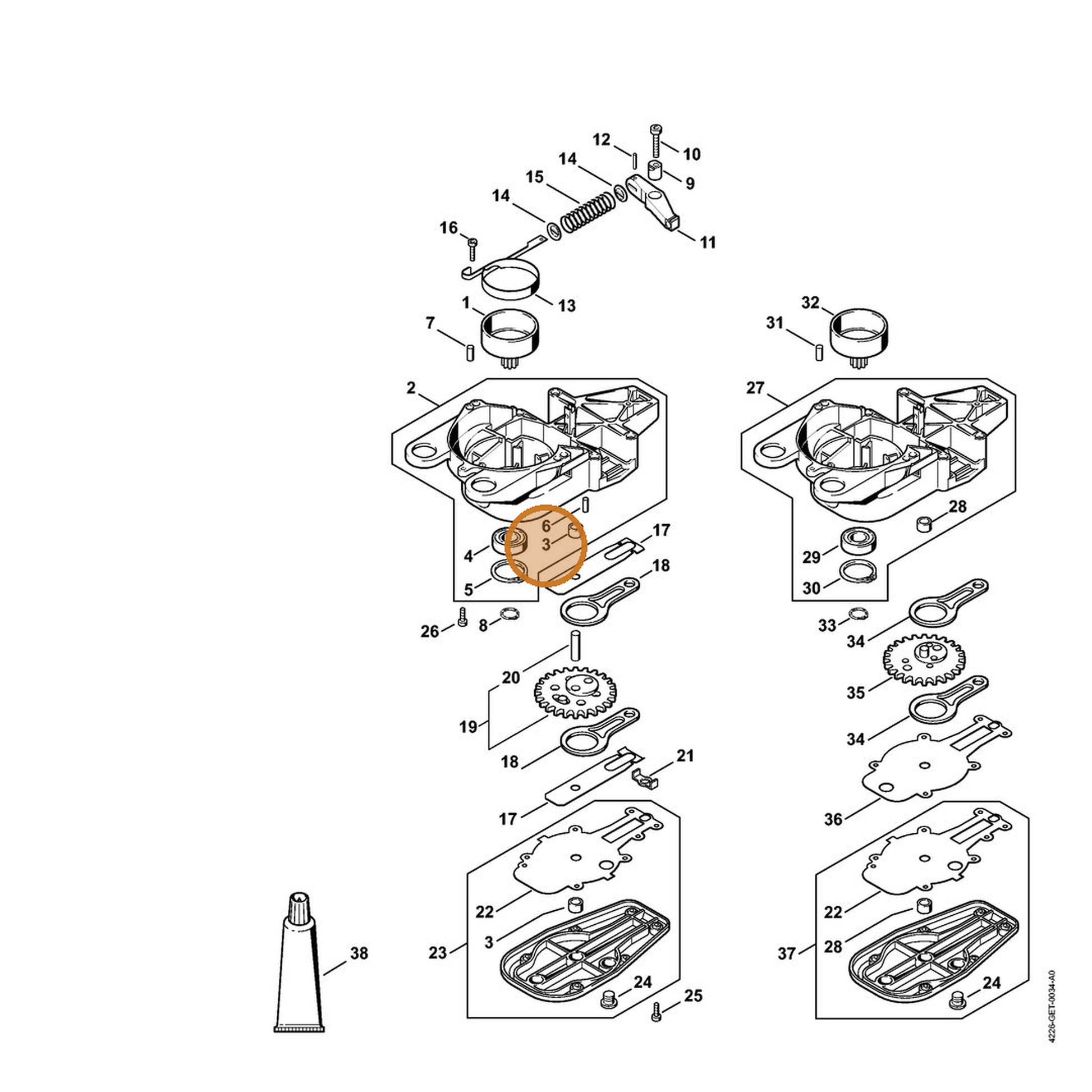 STIHL part 9513-003-0912 — IPL diagram snippet (6x zoom, amber highlight)