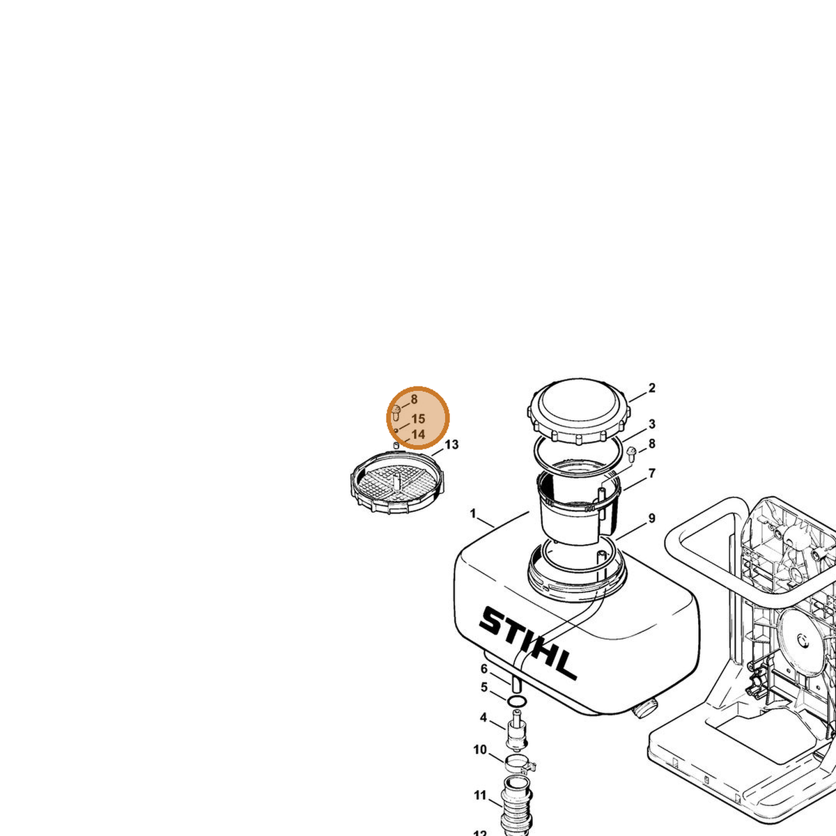 STIHL part 9516-987-2010 — IPL diagram snippet (6x zoom, amber highlight)