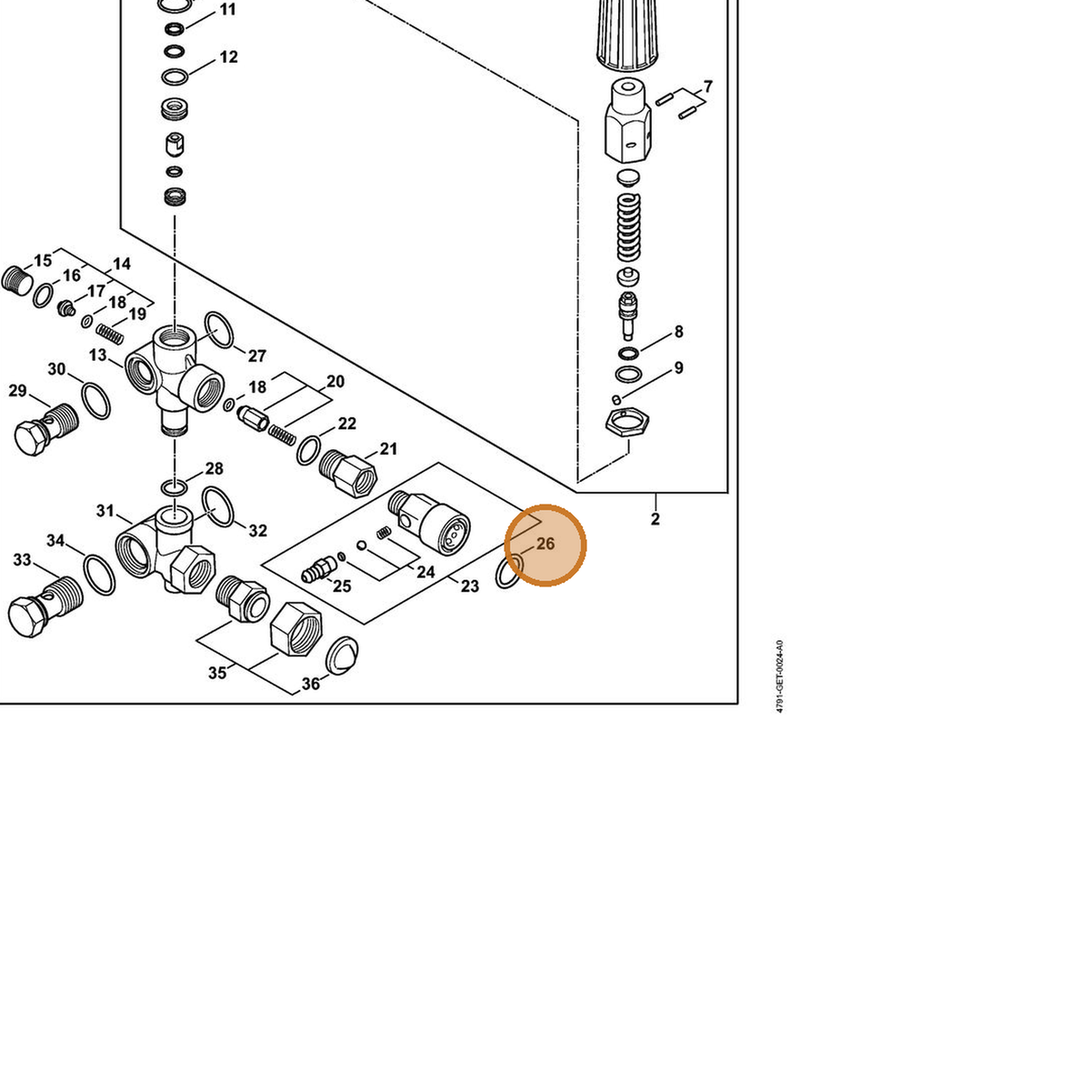STIHL part 9645-944-3586 — IPL diagram snippet (6x zoom, amber highlight)
