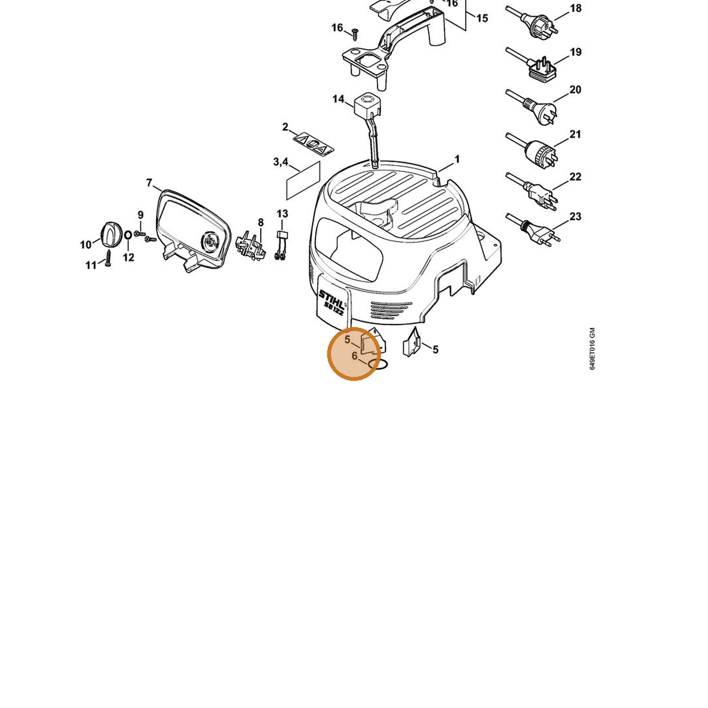 STIHL part 9645-945-7728 — IPL diagram snippet (6x zoom, amber highlight)