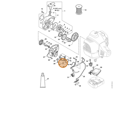 STIHL part 9645-945-7908 — IPL diagram snippet (6x zoom, amber highlight)