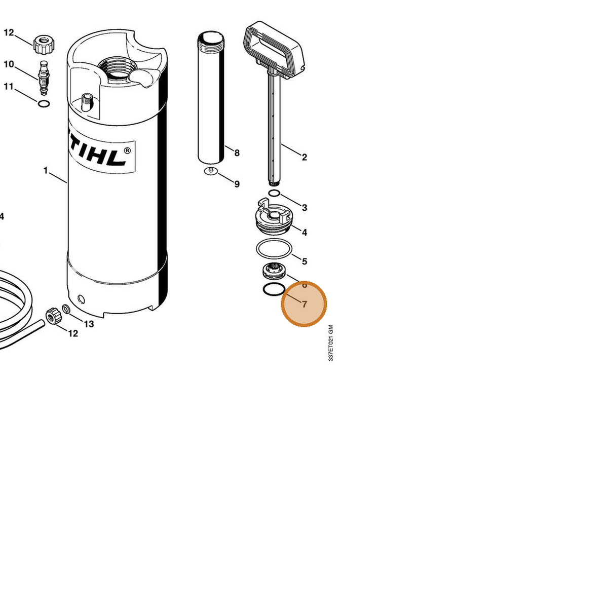 STIHL part 9645-945-7958 — IPL diagram snippet (6x zoom, amber highlight)