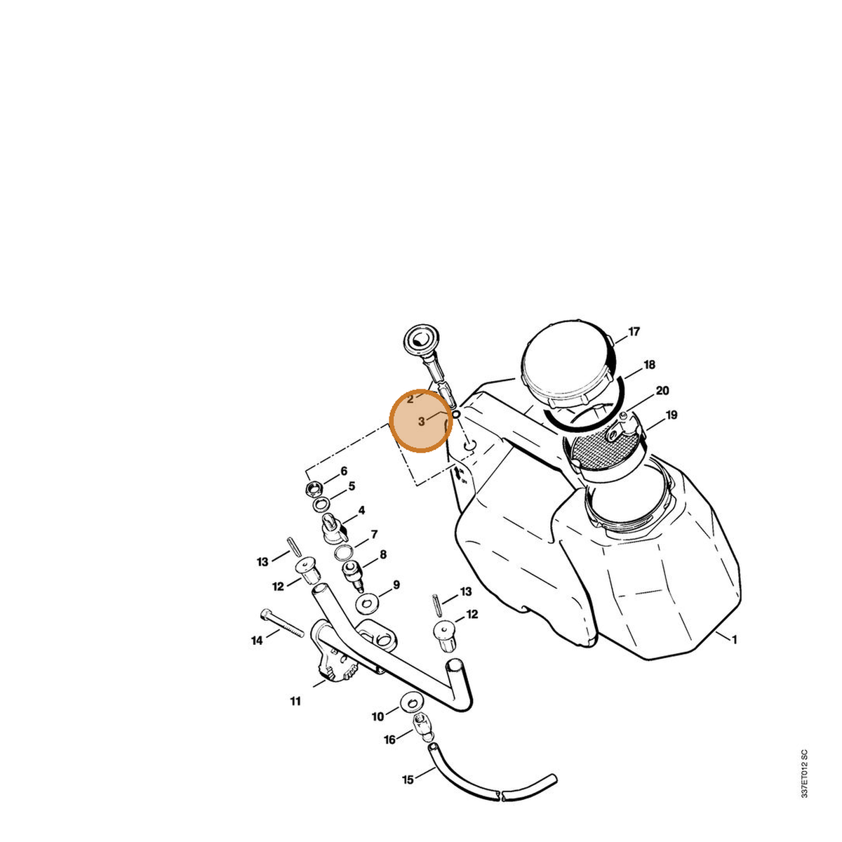 STIHL part 9645-948-0340 — IPL diagram snippet (6x zoom, amber highlight)