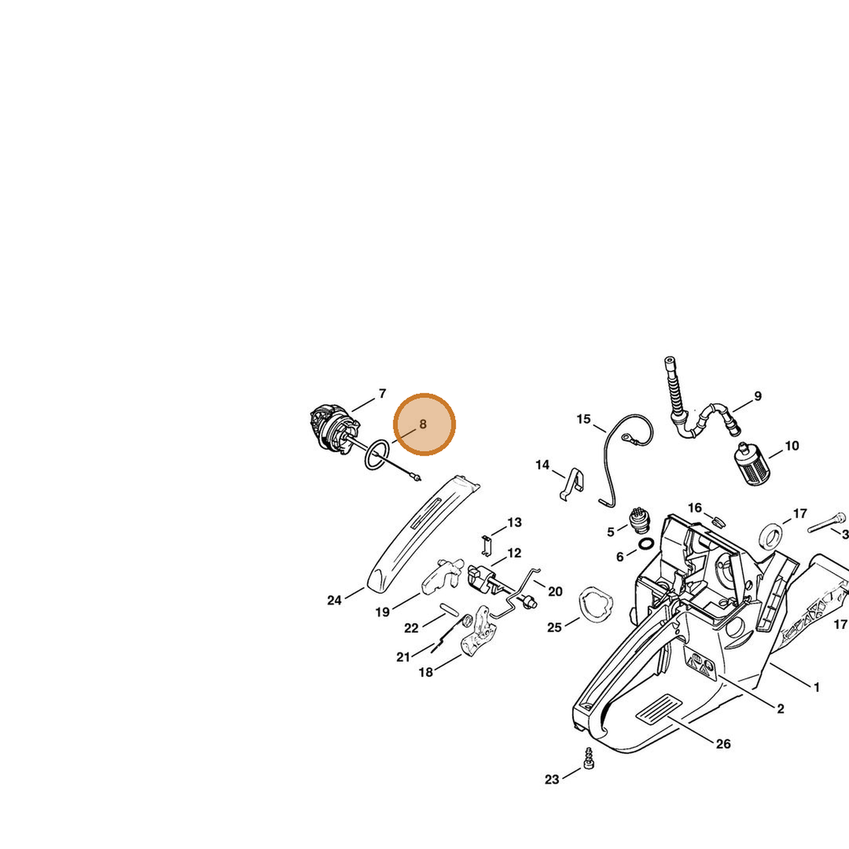 STIHL part 9645-948-7734 — IPL diagram snippet (6x zoom, amber highlight)