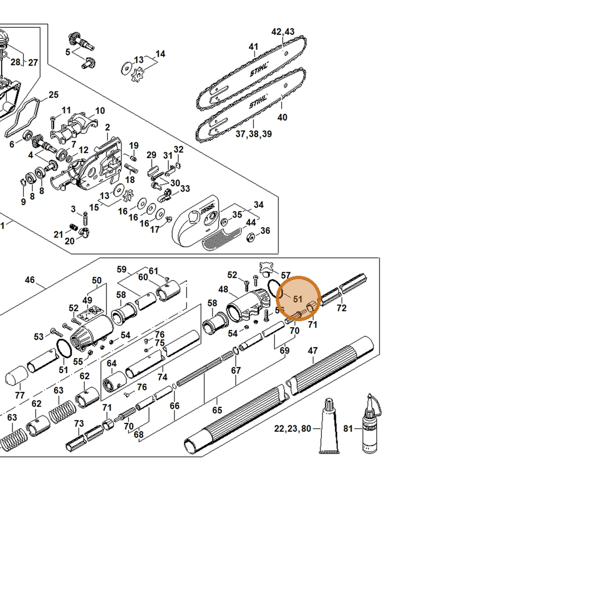 STIHL part 9645-948-7995 — IPL diagram snippet (6x zoom, amber highlight)