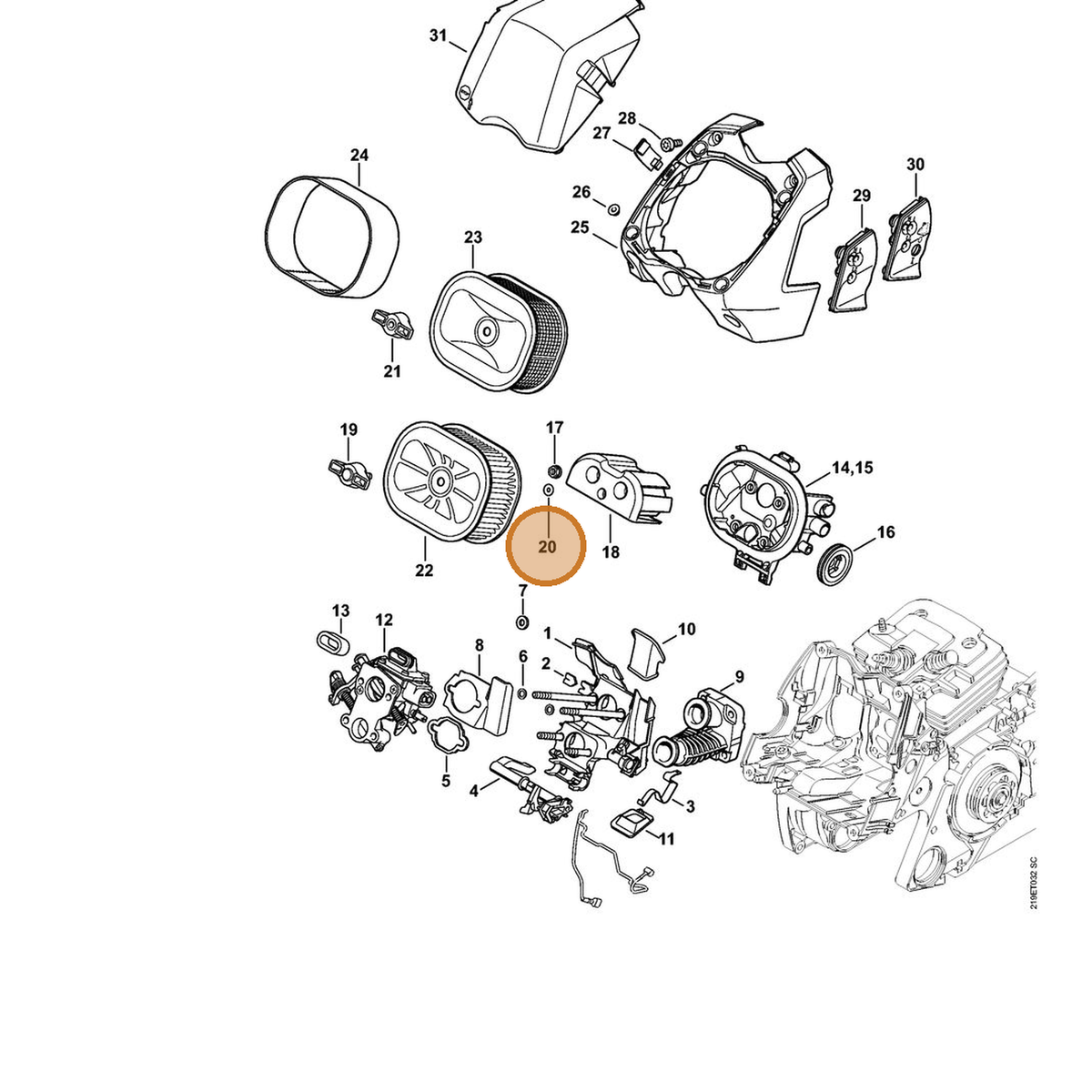 STIHL part 9645-951-3007 — IPL diagram snippet (6x zoom, amber highlight)