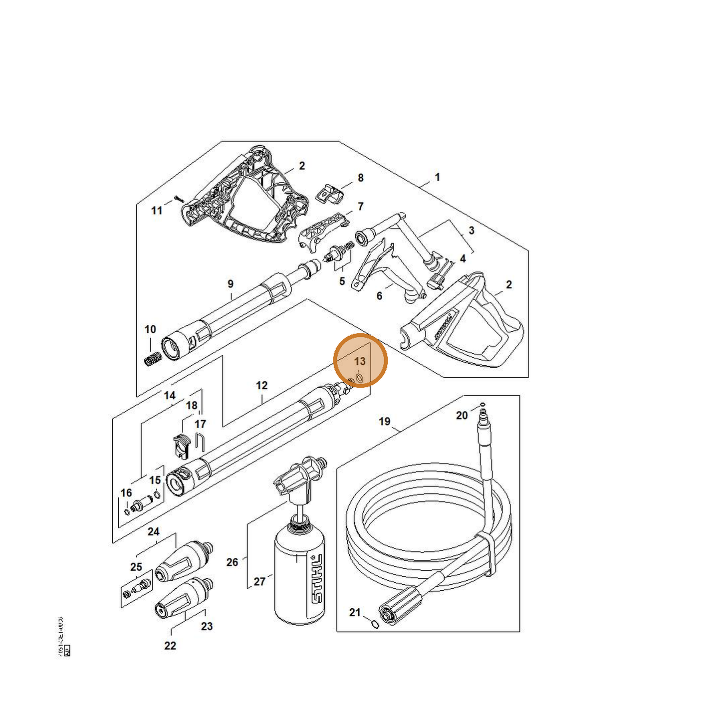 STIHL part 9645-951-7512 — IPL diagram snippet (6x zoom, amber highlight)