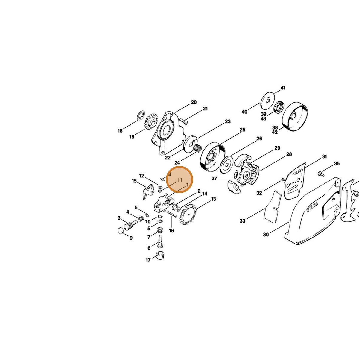 STIHL part 9646-945-0230 — IPL diagram snippet (6x zoom, amber highlight)