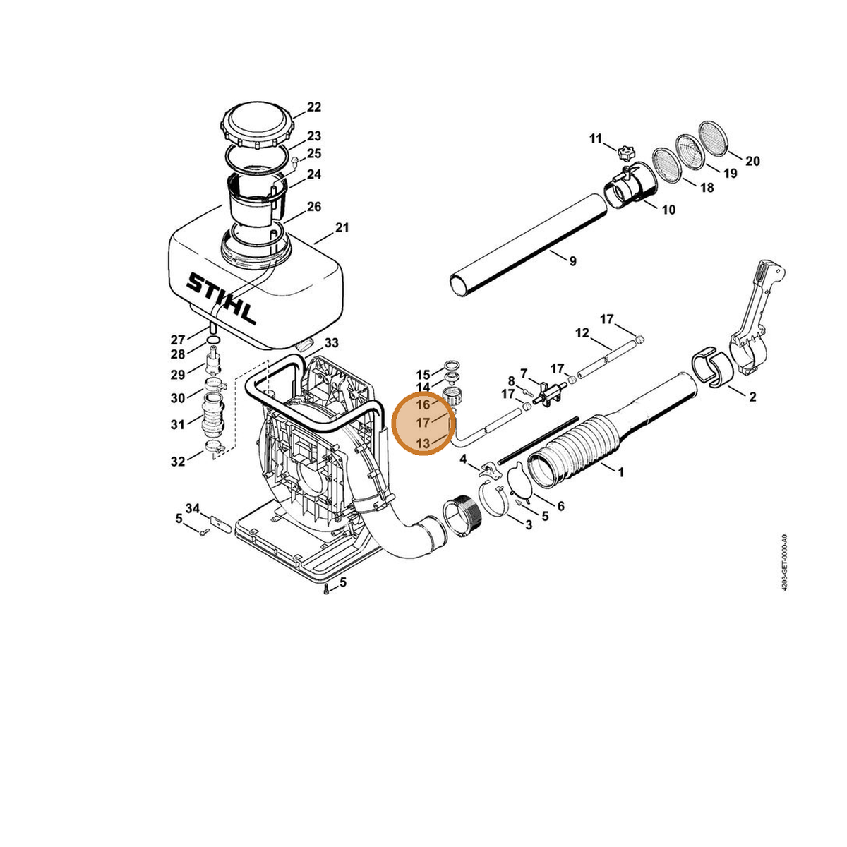 STIHL part 9771-021-0780 — IPL diagram snippet (6x zoom, amber highlight)