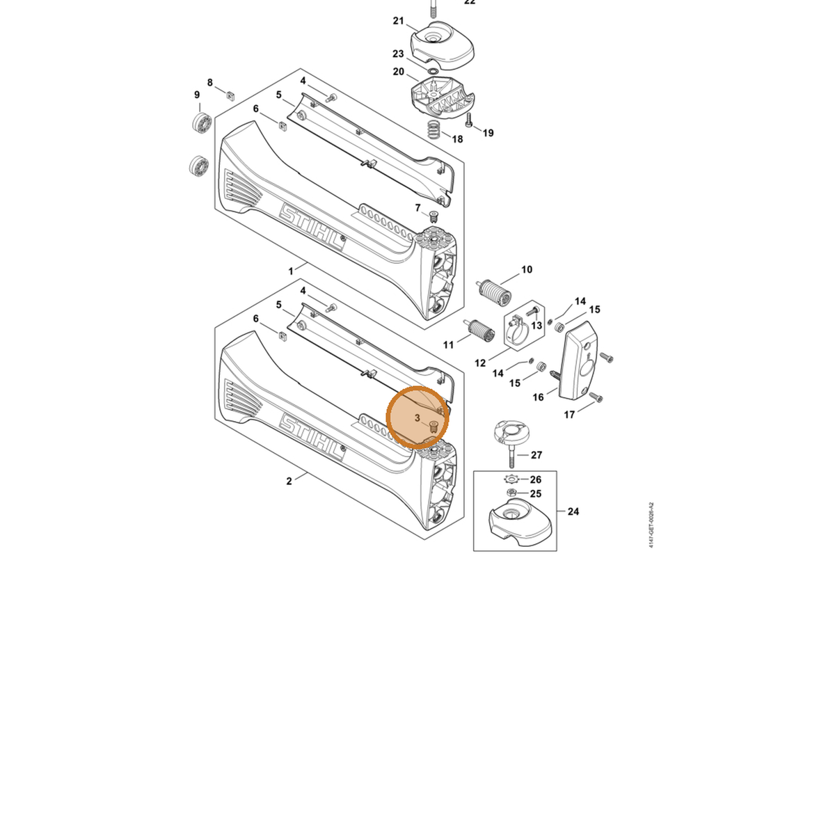 STIHL part 9799-003-0410 — IPL diagram snippet (6x zoom, amber highlight)
