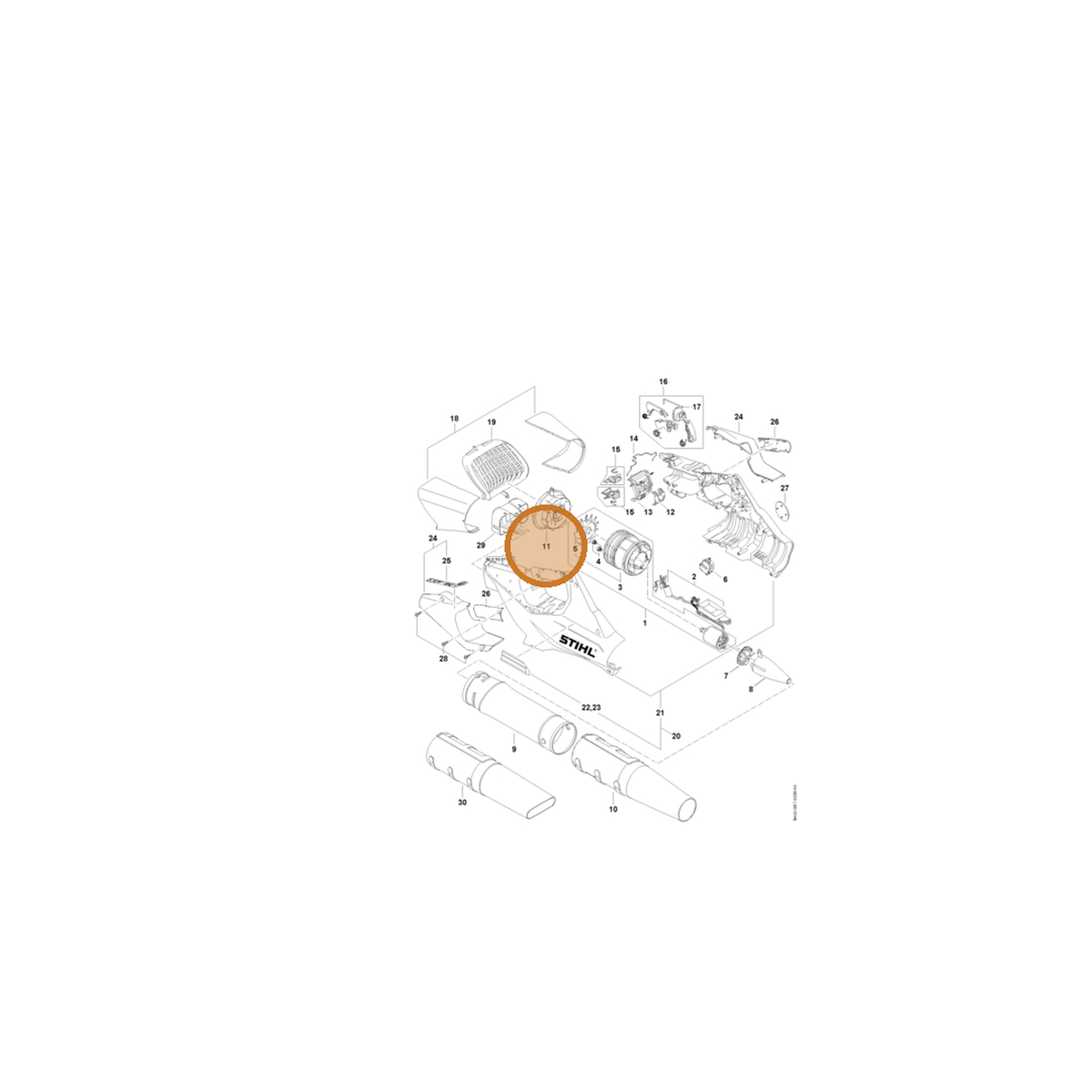 STIHL part BA02-761-1100 — IPL diagram snippet (6x zoom, amber highlight)