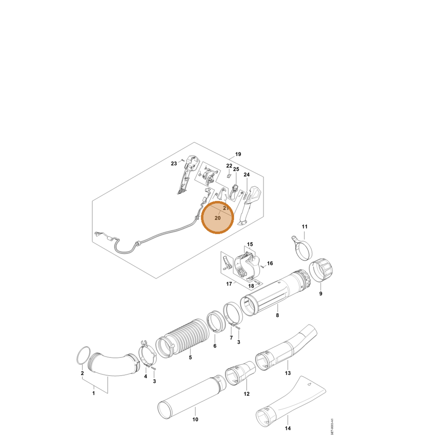 STIHL part BA03-007-3800 — IPL diagram snippet (6x zoom, amber highlight)