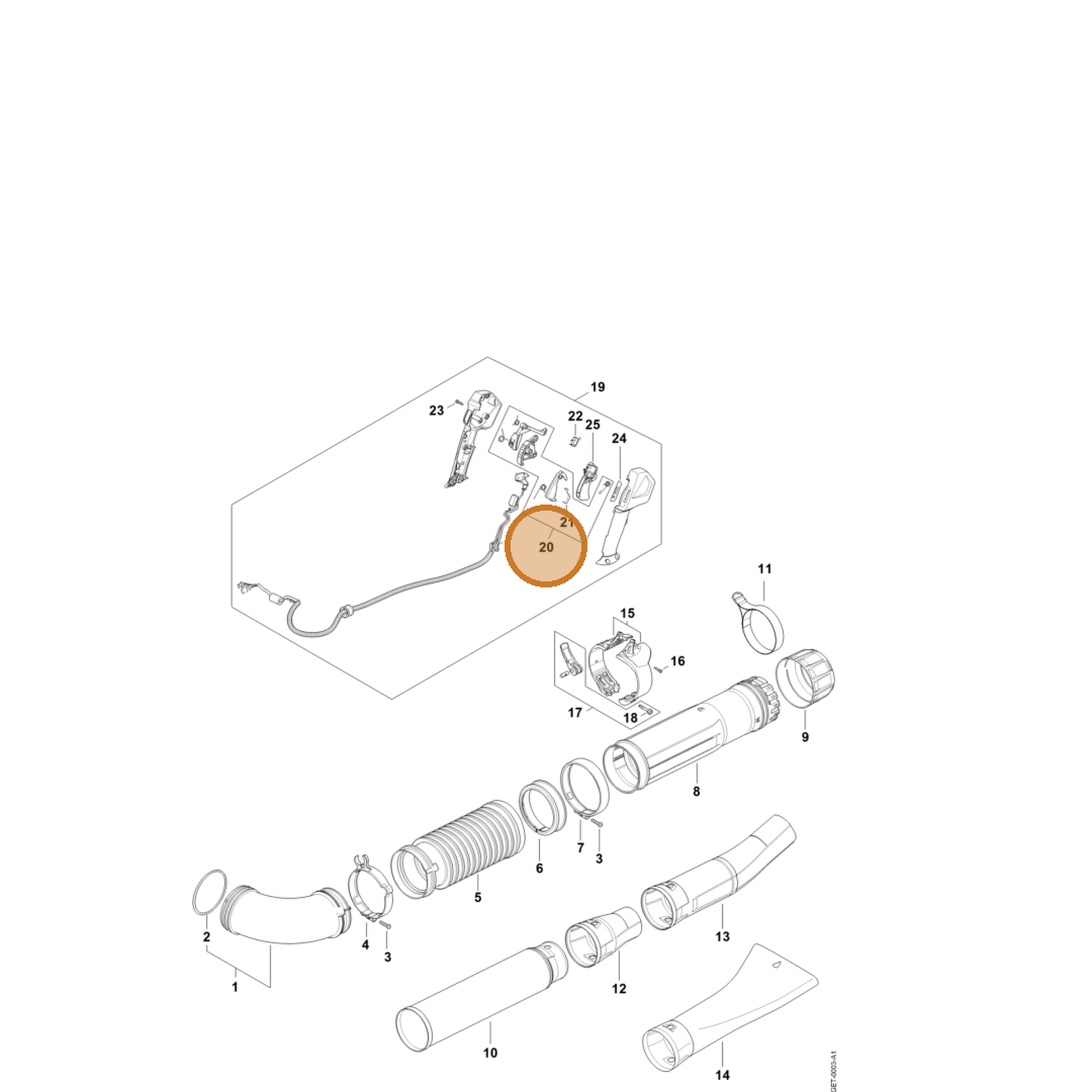 STIHL part BA03-007-3800 — IPL diagram snippet (6x zoom, amber highlight)