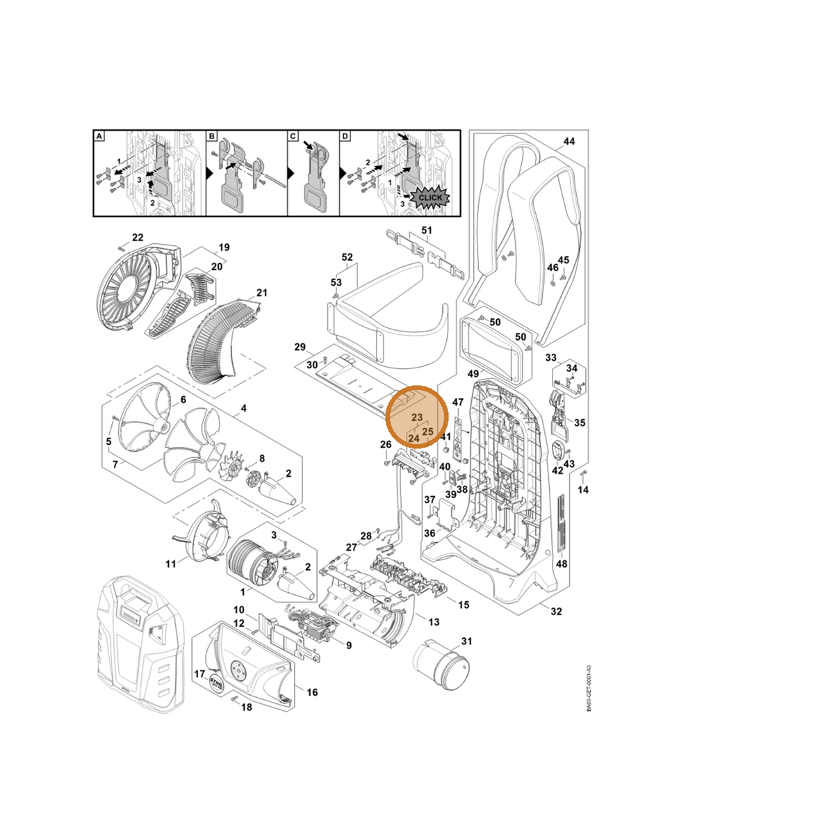 STIHL part BA03-400-0600 — IPL diagram snippet (6x zoom, amber highlight)