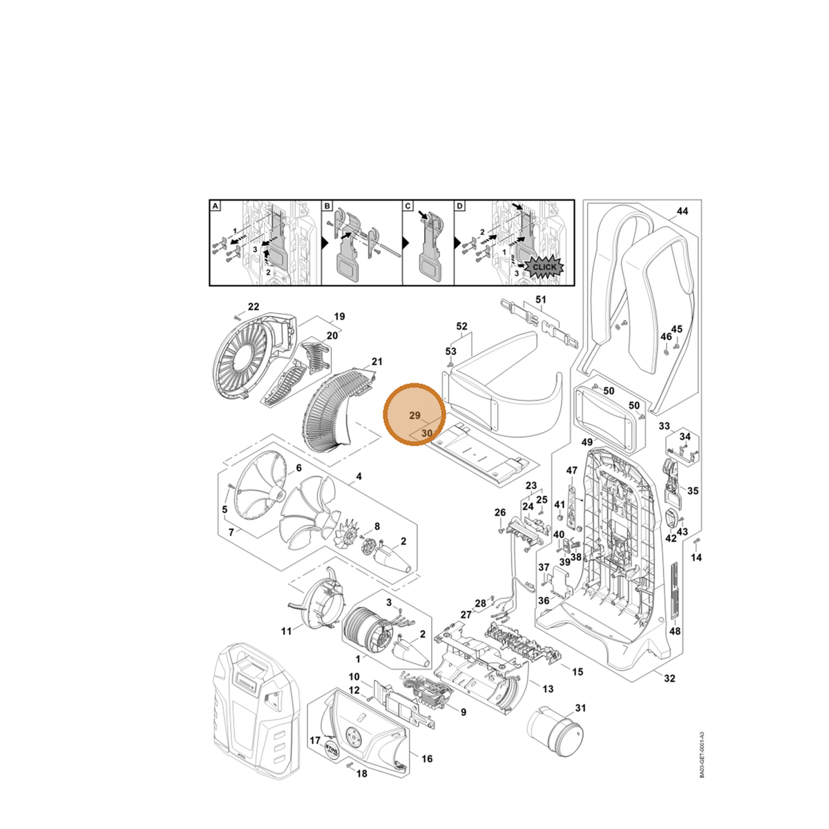 STIHL part BA03-700-2100 — IPL diagram snippet (6x zoom, amber highlight)