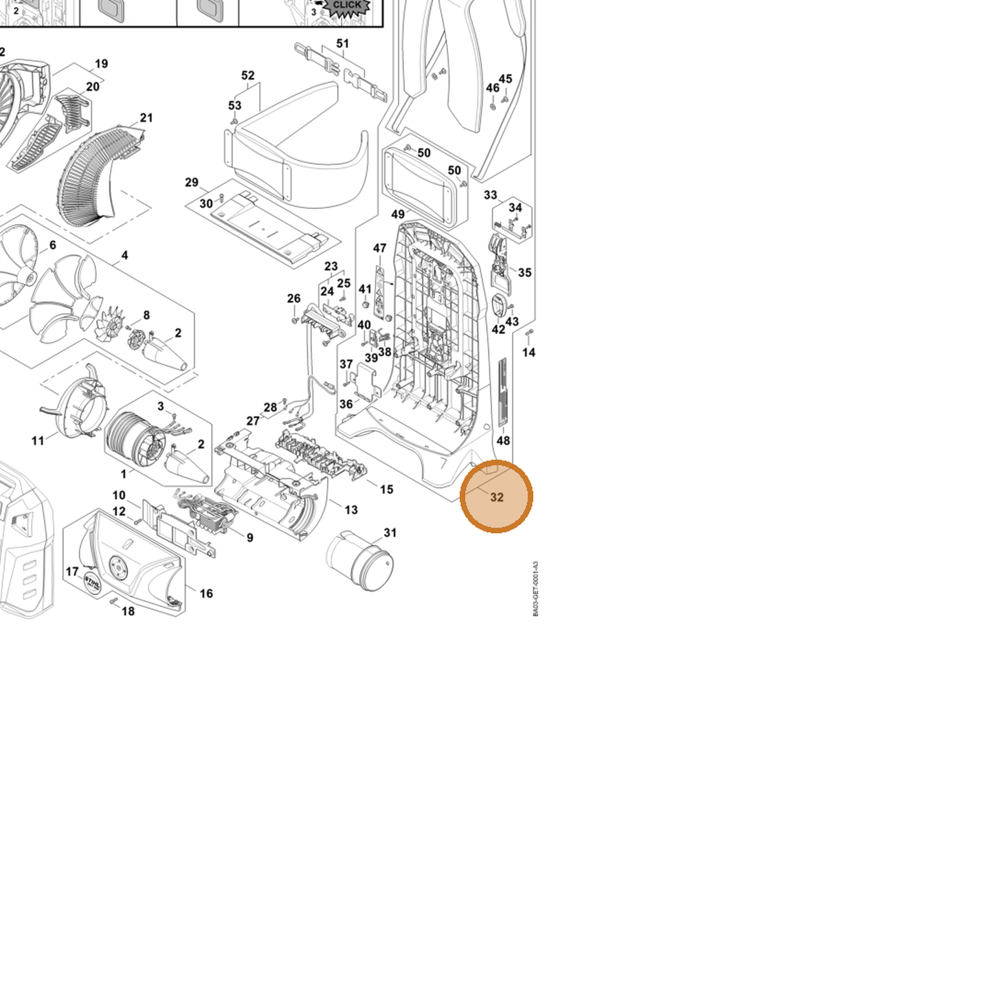 STIHL part BA03-700-3802 — IPL diagram snippet (6x zoom, amber highlight)