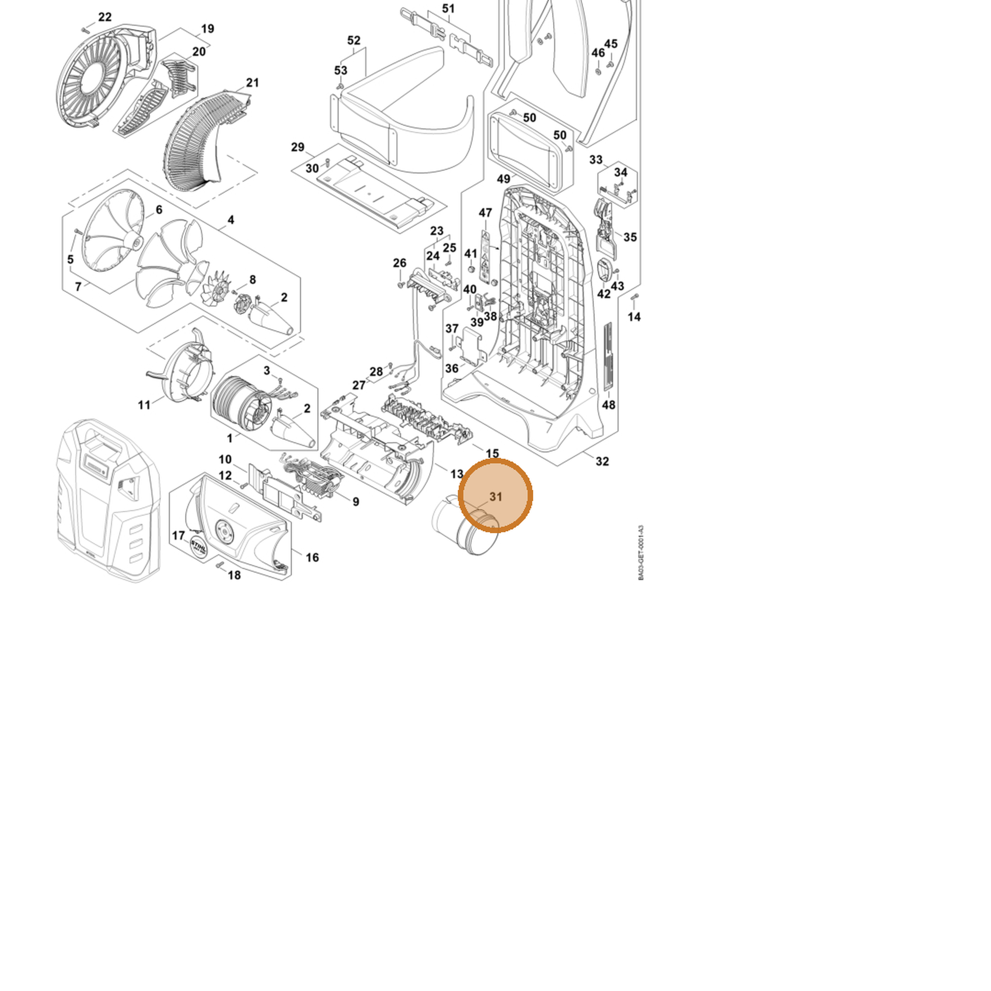 STIHL part BA03-708-4700 — IPL diagram snippet (6x zoom, amber highlight)