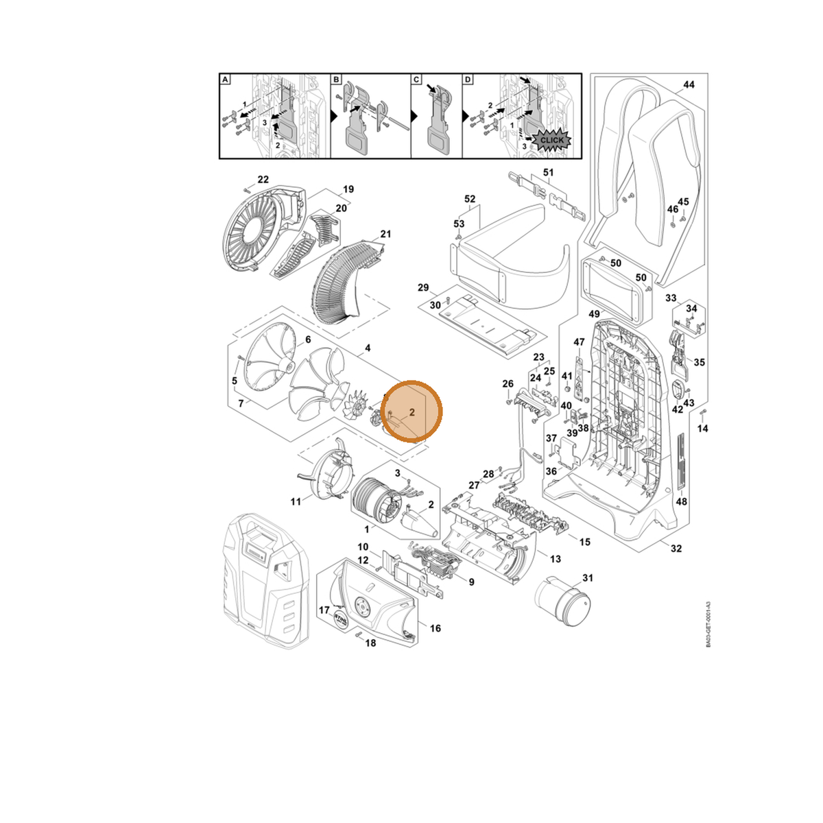 STIHL part BA03-761-0300 — IPL diagram snippet (6x zoom, amber highlight)