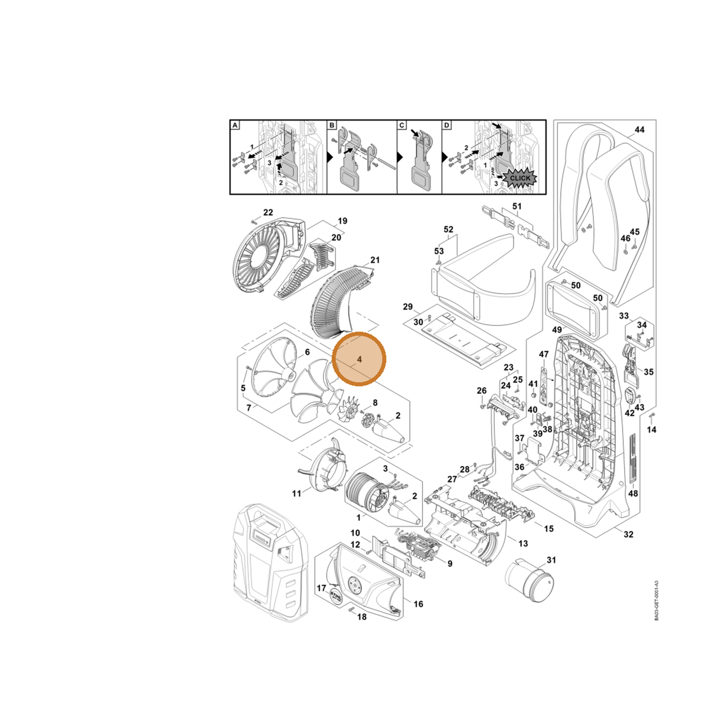 STIHL part BA03-770-0401 — IPL diagram snippet (6x zoom, amber highlight)