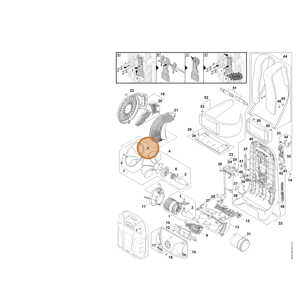 STIHL part BA03-770-0800 — IPL diagram snippet (6x zoom, amber highlight)